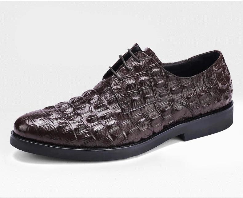 Phenkang Men Genuine Leather Crocodile Shoes Formal Dress Classic Style Burgundy Mens Wedding Lace Up Pointed Toe Oxford Shoes