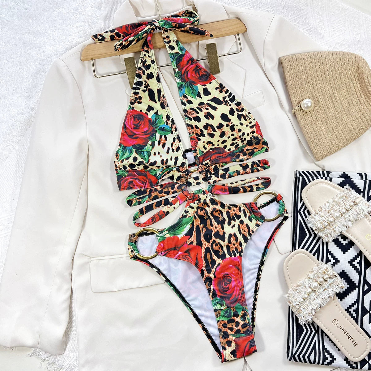 Women's Cut Out Sleeveless Casual Leopard-Print One-Piece Swimming Suit