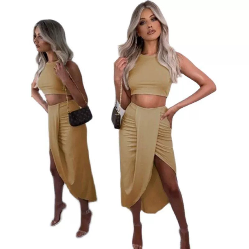 Summer Women Crop Top Long Skirts Two Piece Set White Suit