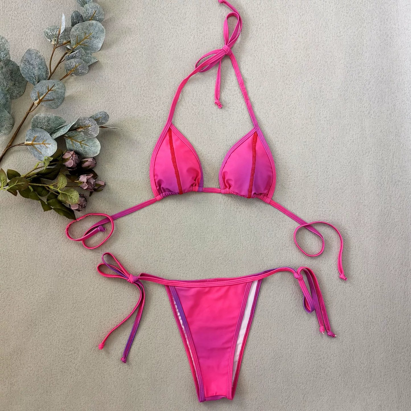 Women Thong Lace up Bikini Blooming Print Swimwear