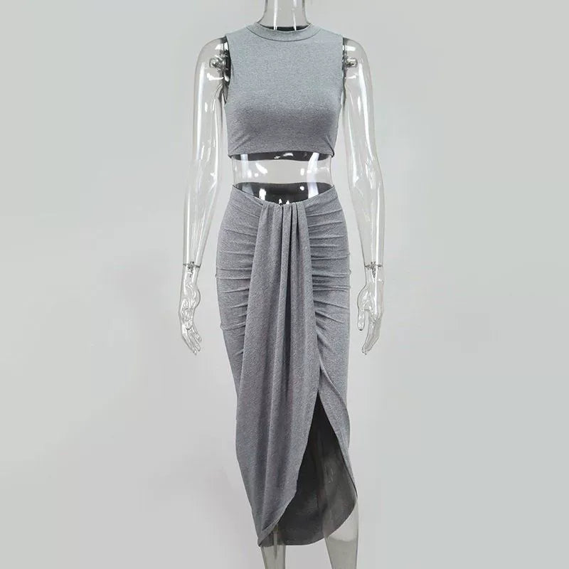Summer Women Crop Top Long Skirts Two Piece Set White Suit