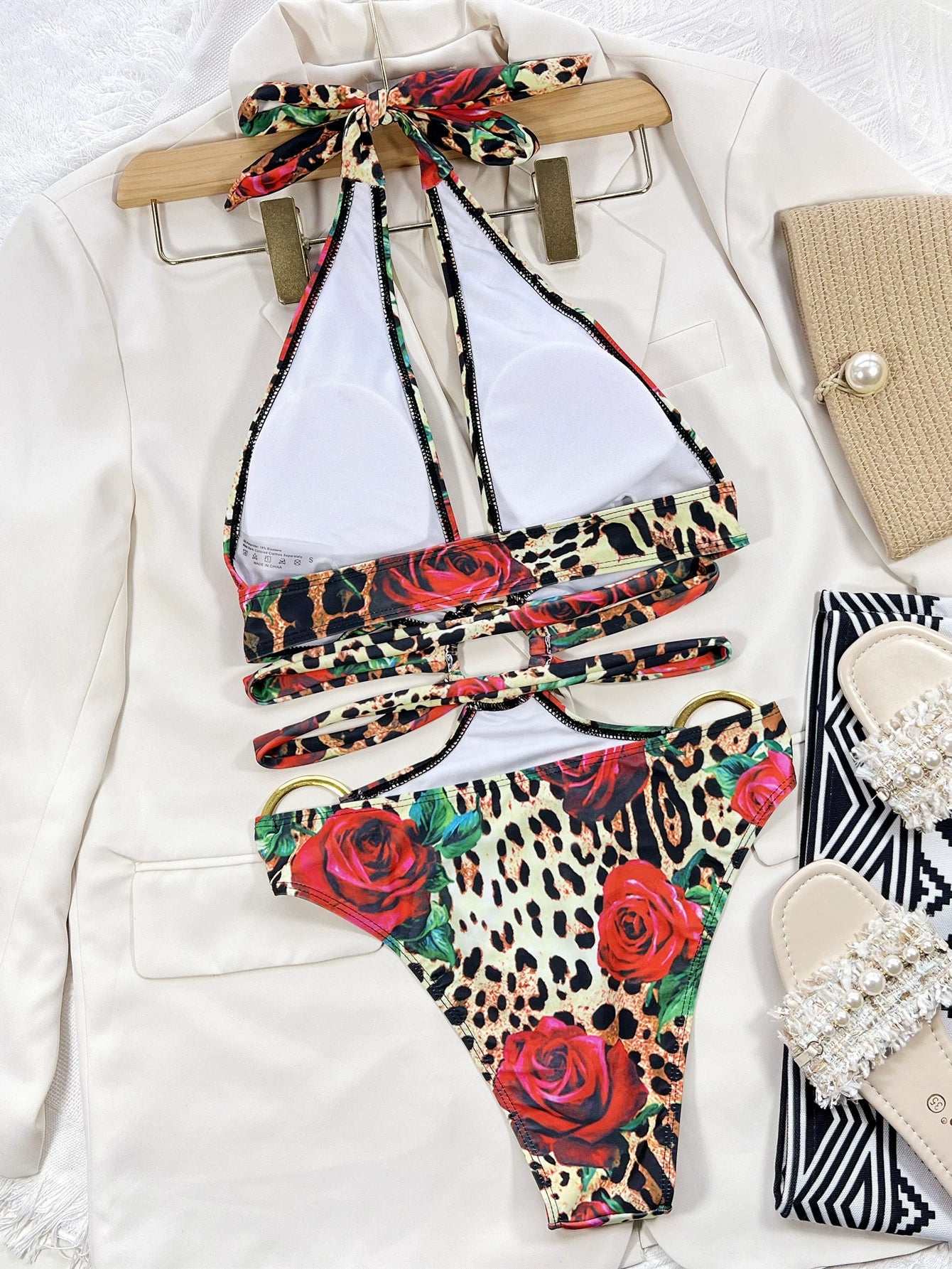 Women's Cut Out Sleeveless Casual Leopard-Print One-Piece Swimming Suit