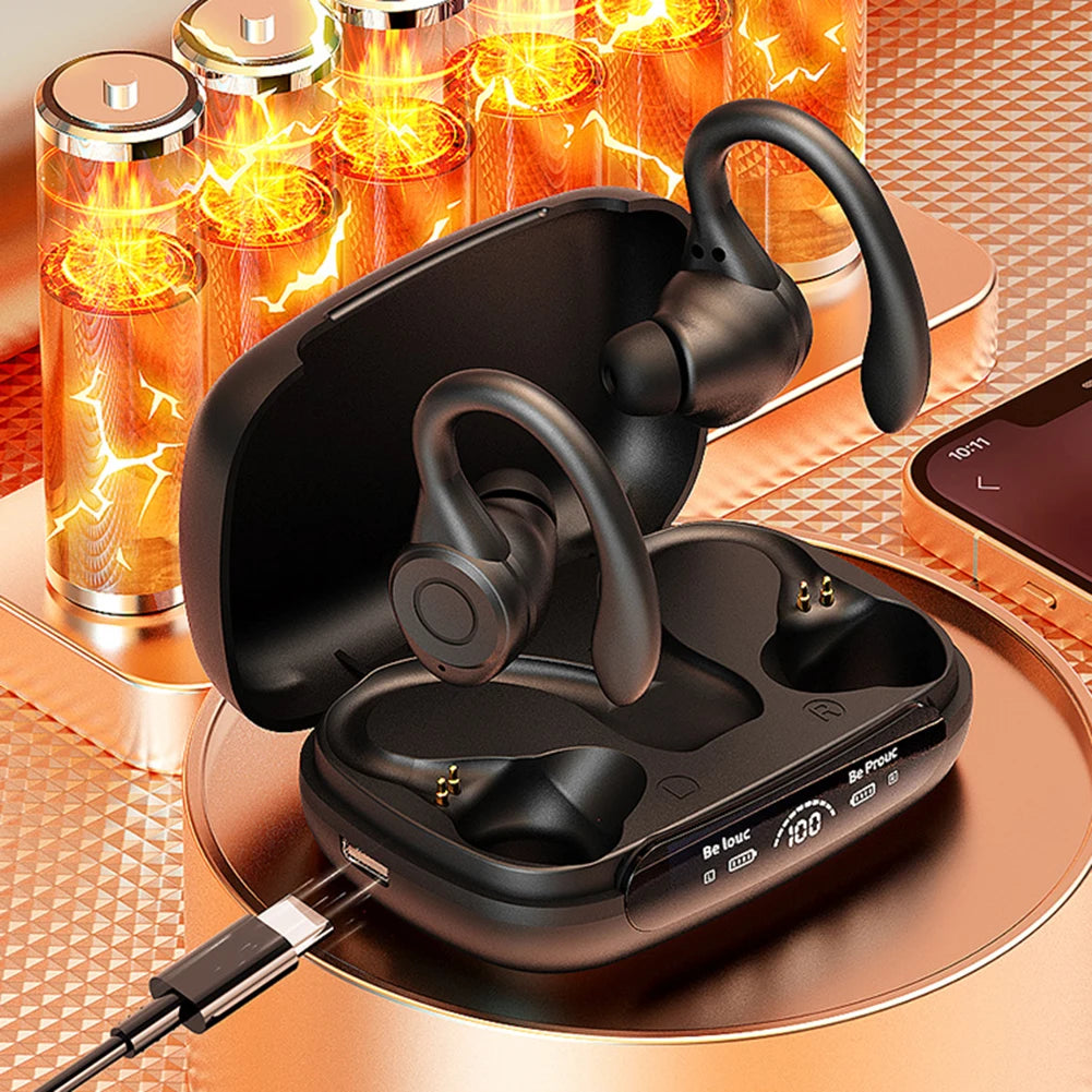Wireless Bluetooth Headset Ear Hook Sports HiFI Stereo Headphones Waterproof Headset Noise Reduction LED Display Running Earbuds