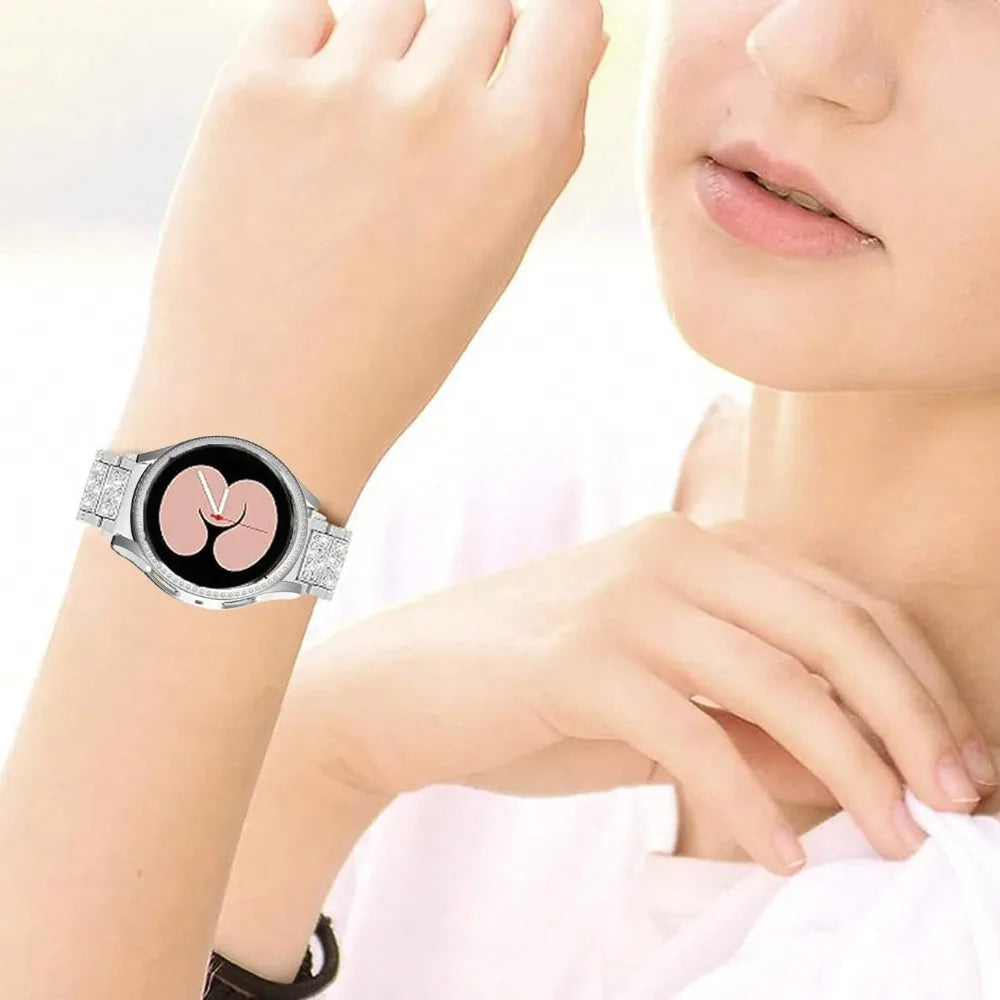 Rhinestone Watch Strap+PC Case For Samsung Galaxy Watch 7 FE 6 5 4 (44mm/40mm) Tempered Glass Protective Case Cover Metal Band