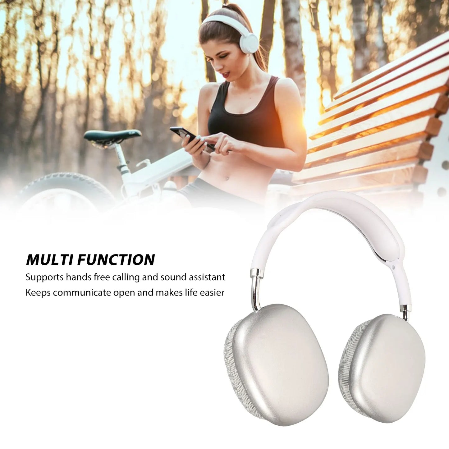 Bluetooth Headphone HiFi Deep Bass Built in Mic Support Memory Card Wireless Headset for Running Travel White