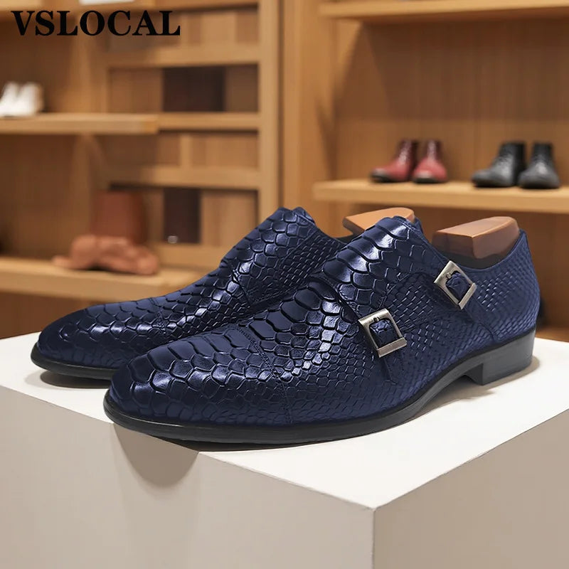 Luxury Men Loafers Shoes Slip On Snake Print Dress Mens Casual Shoes Black Blue Real Leather Double Monk Strap Shoes Man