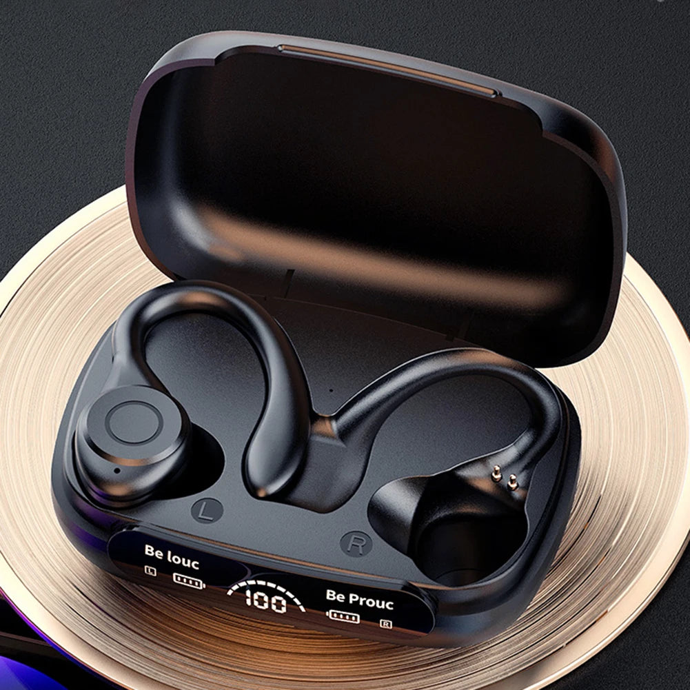 Wireless Bluetooth Headset Ear Hook Sports HiFI Stereo Headphones Waterproof Headset Noise Reduction LED Display Running Earbuds