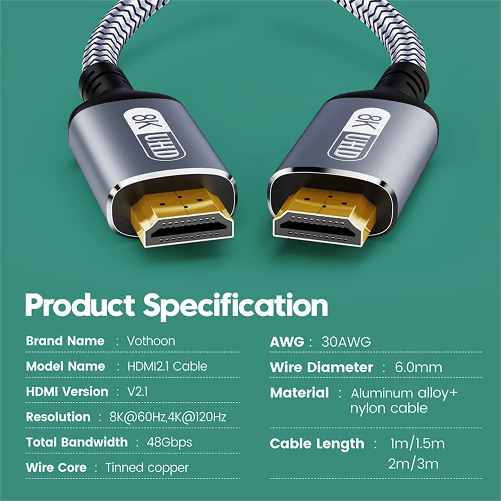 Vothoon 8K Cable 2.1 120Hz 4K HDMI-compatible Cable 8K Ultra High Speed HDR eARC for HDTV XBox Projector PS5