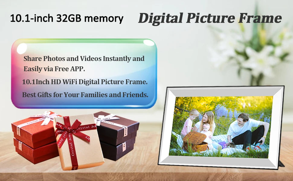 Digital Picture Frame 10.1 Inch 32GB Smart WiFi Digital Photo Frame with 1280x800 IPS HD Touch Screen Wall Mountable