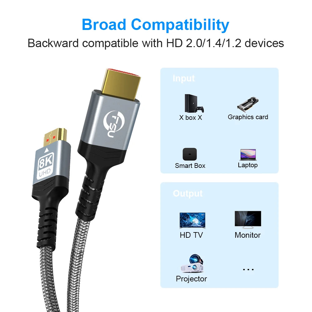 FSU 8K 4K HDMI Cable 48Gbps,Braided Cord-4K@120Hz 8K@60Hz, DTS:X, HDCP 2.2 & 2.3,HDR 10 Compatible with Roku TV/PS5/HDTV/Blu-ray