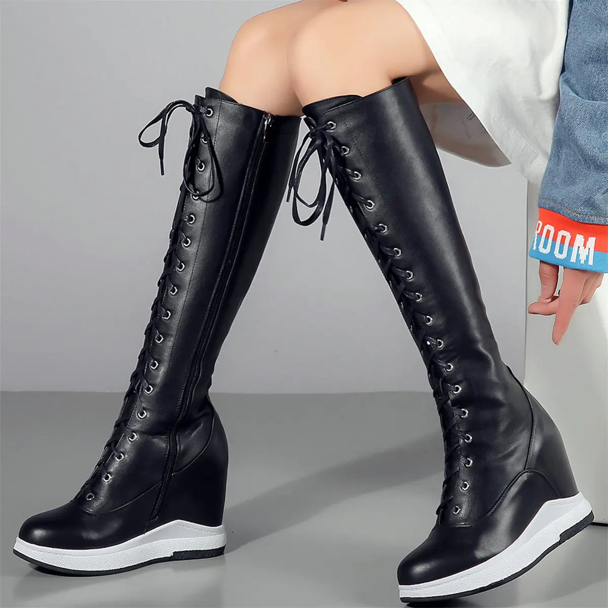 Winter Shoe Plus Size Shoes Women Genuine Leather Wedges High Heel Knee High Boots Female Round Toe Platform Pumps Big Size Shoe
