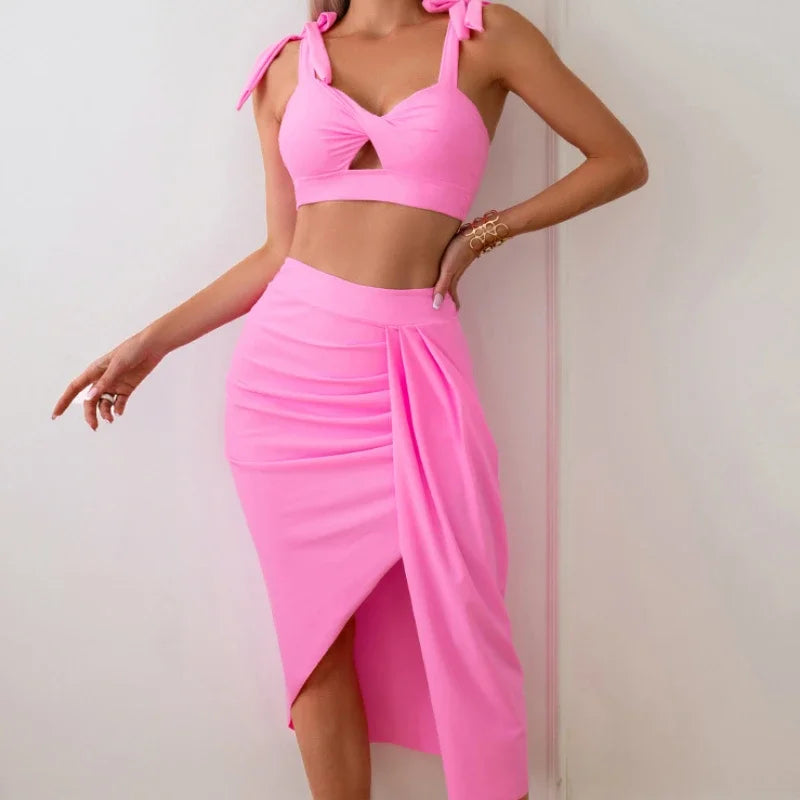 Women's Swimsuit Sexy Strap Three Piece Bikini Solid Cover Up Wrap Skirt V-neck Floral Swimwear 2024 Trend Beach Bathing Suit