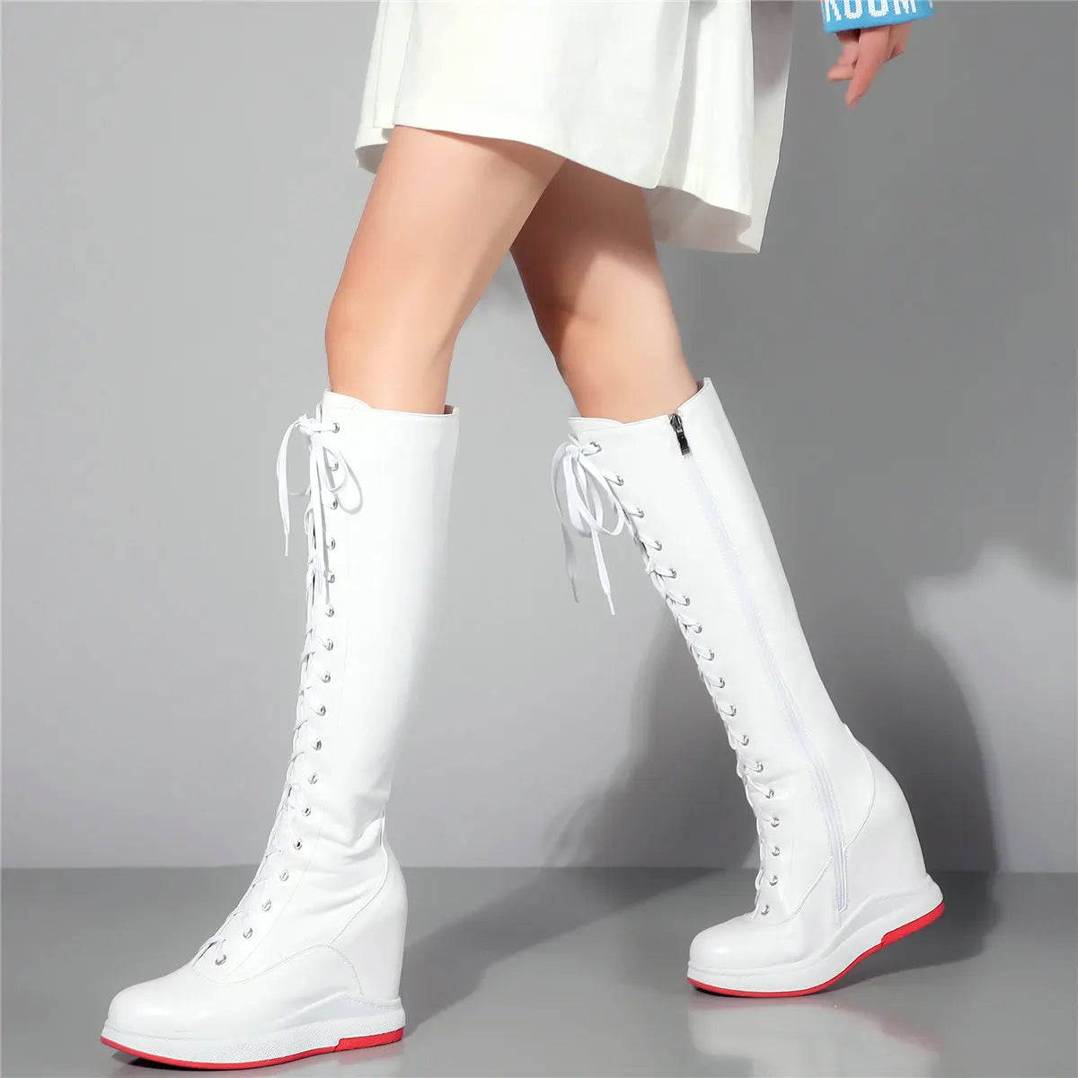 Winter Shoe Plus Size Shoes Women Genuine Leather Wedges High Heel Knee High Boots Female Round Toe Platform Pumps Big Size Shoe