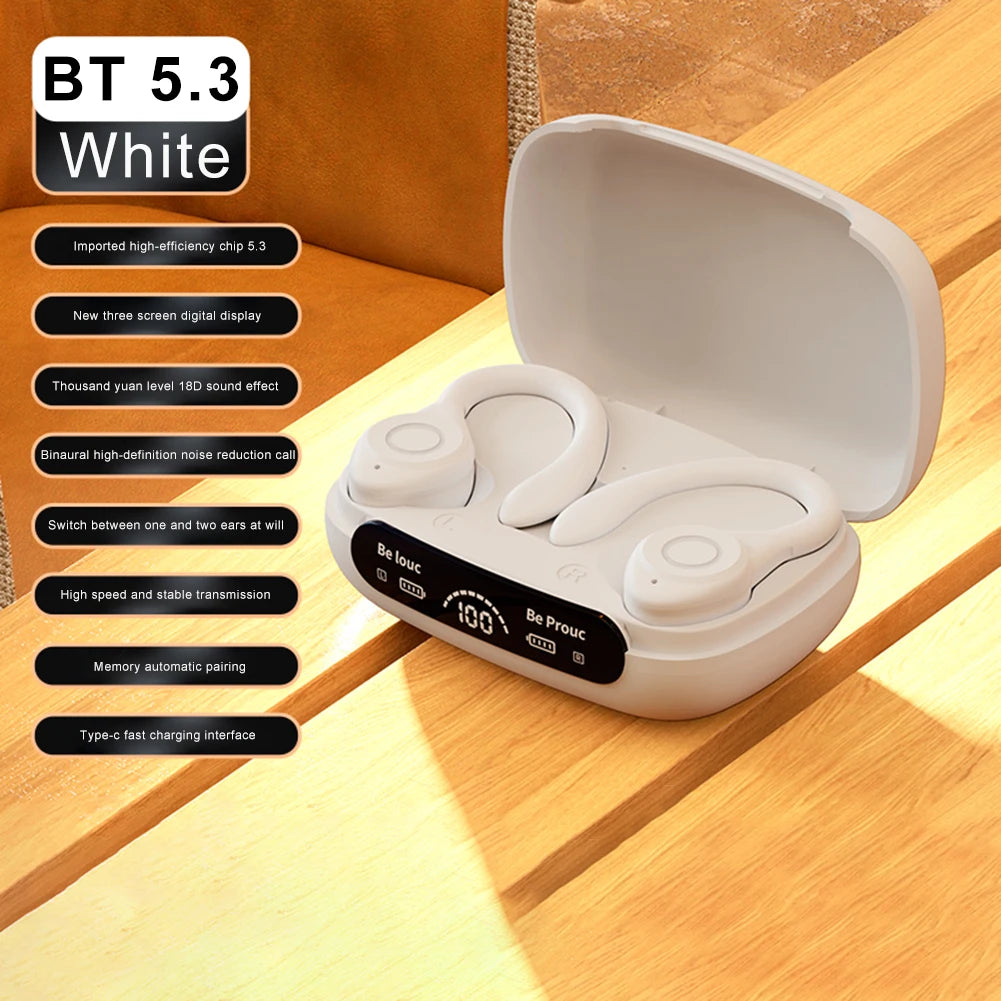 Wireless Bluetooth Headset Ear Hook Sports HiFI Stereo Headphones Waterproof Headset Noise Reduction LED Display Running Earbuds