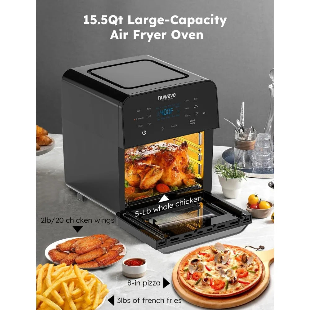 Brio Air Fryer Oven, 15.5Qt X-Large Family Size, SS Rotisserie Basket &Skewer-Kit, Reversible Ultra Non-Stick Grill/Griddle