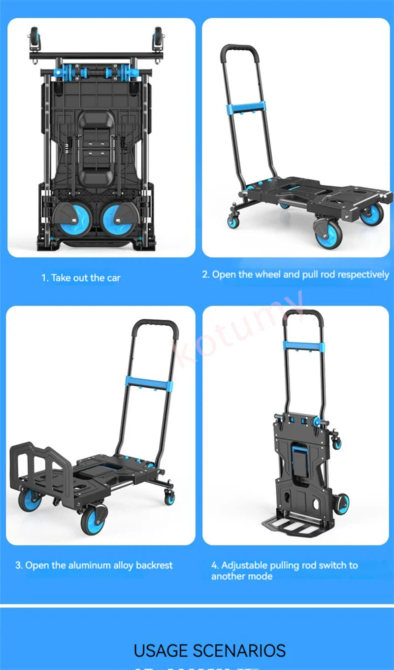 Multi-Position Folding Hand Truck,Four Wheel Luggage Cart 150kg,Pull Rod Adjustable Length,Four Wheel,Outdoor Camping Wagon