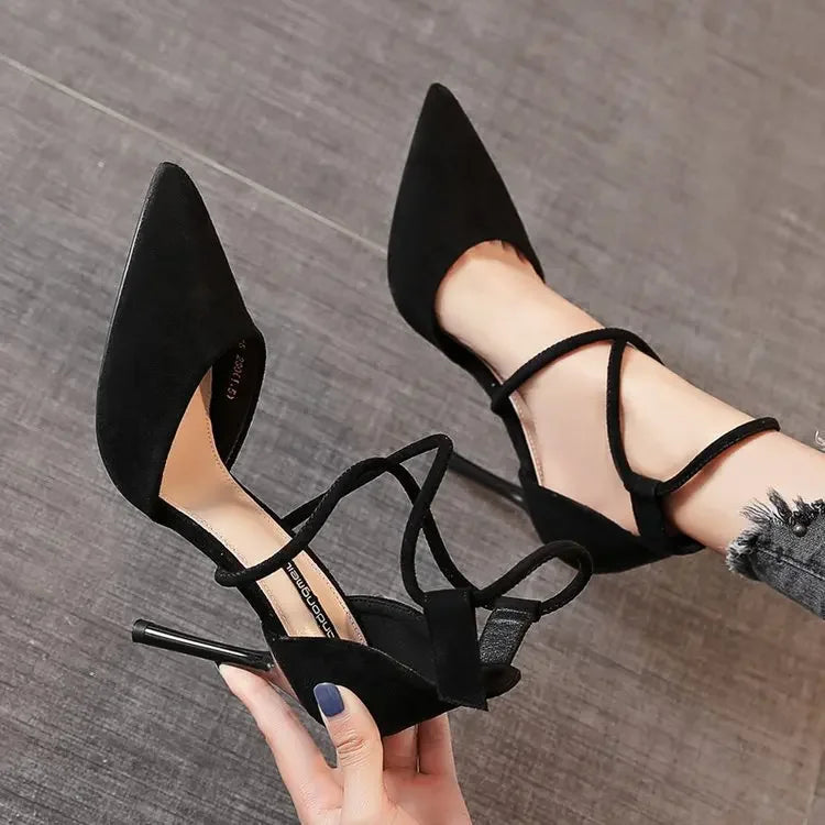 New Cross-strap Roman Sandals Suede High Heels Women's Shoes One-line Buckle