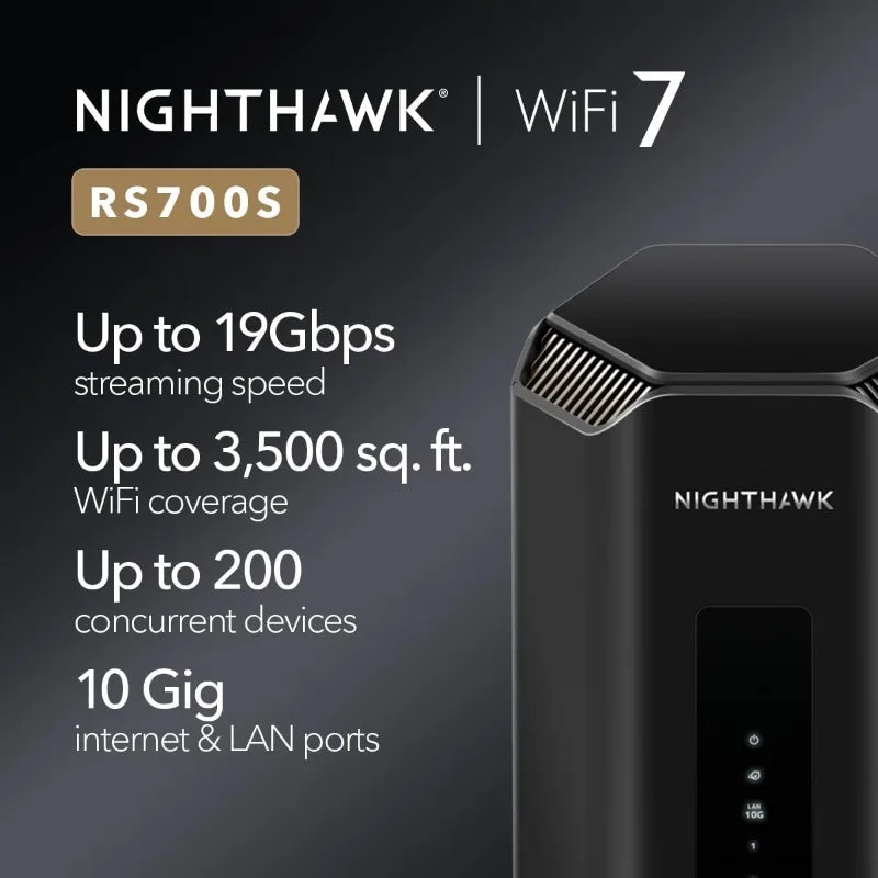 home.Nighthawk WiFi 7 Router (RS700S) BE19000 19Gbps Wireless Speed – 10Gb Internet Port – Tri-Band Gigabit Gaming Router – Cove