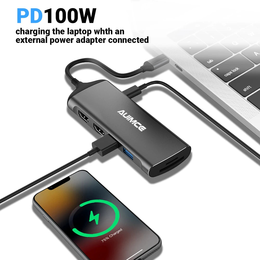 USB C Hub Docking Station 2 HDMI 4K 60HZ 100W PD SD TF Card Reader Adapter For MacBook Pro/Air Lenovo HP THunderbolt 3/4 Laptop