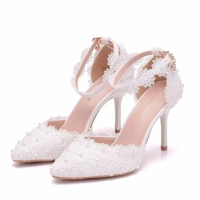 Women Shoes High Heels Pumps Buckle Strap Hollow Lace Pointed Toe Thin Heels 9.5CM Woman White Wedding Shoes Office Lady Dress