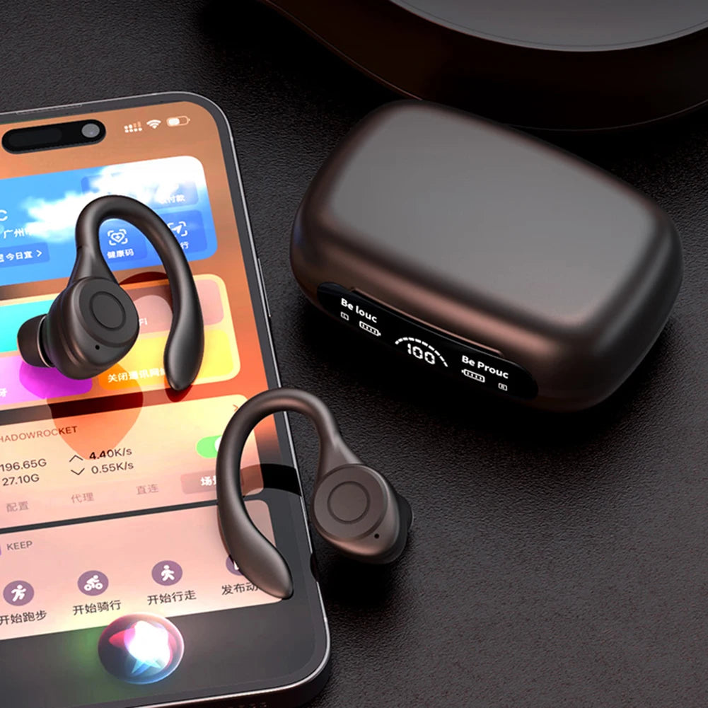 Wireless Bluetooth Headset Ear Hook Sports HiFI Stereo Headphones Waterproof Headset Noise Reduction LED Display Running Earbuds