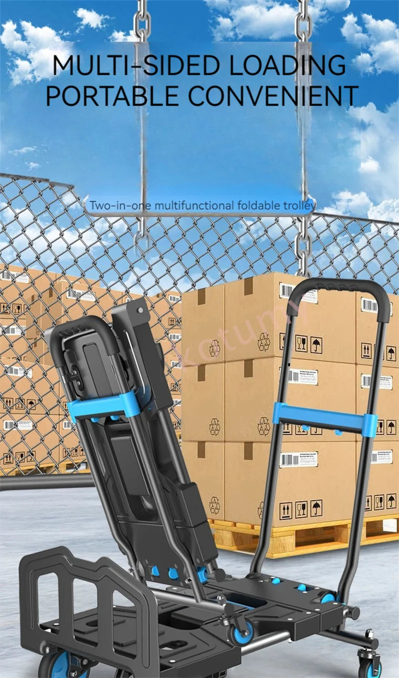 Multi-Position Folding Hand Truck,Four Wheel Luggage Cart 150kg,Pull Rod Adjustable Length,Four Wheel,Outdoor Camping Wagon