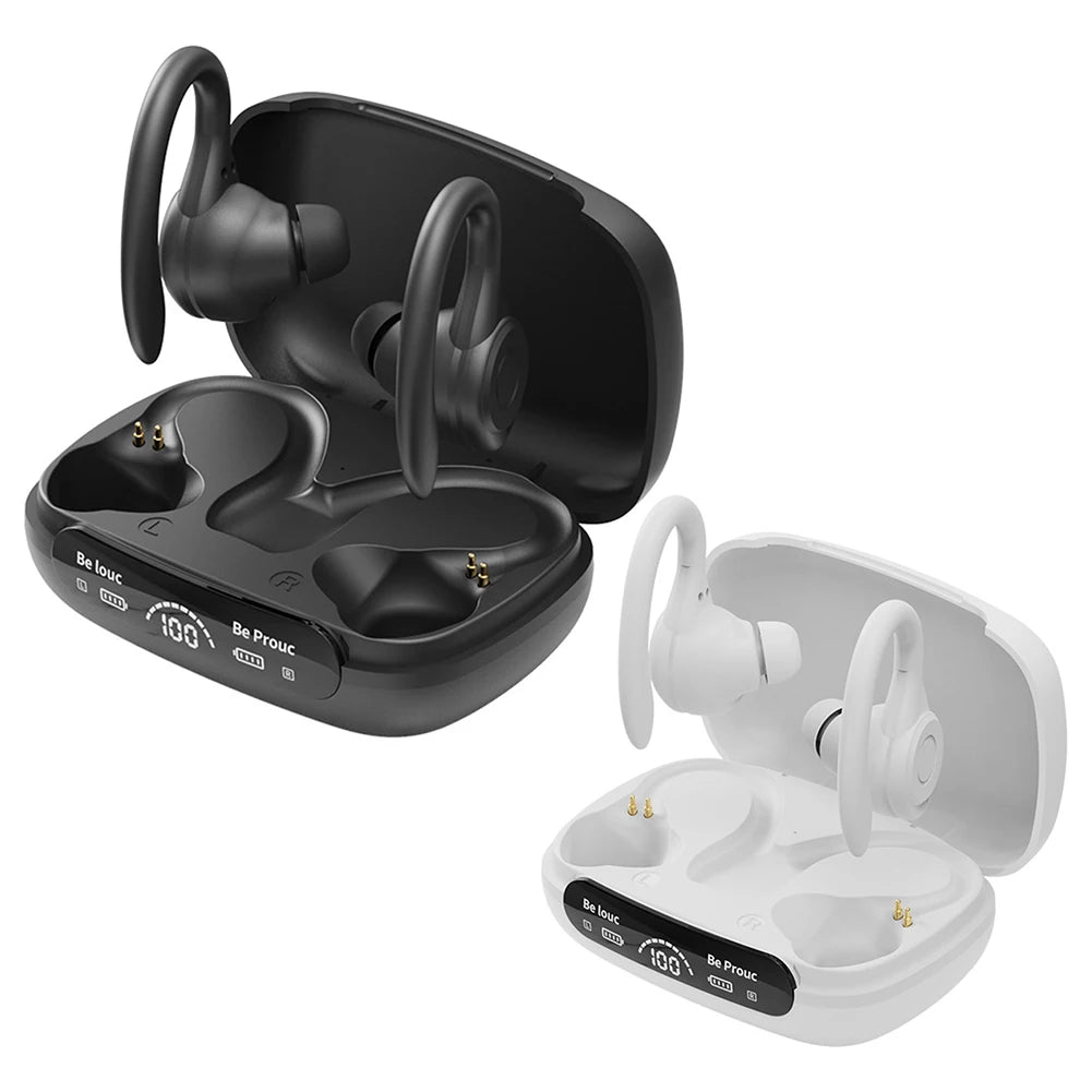 Wireless Bluetooth Headset Ear Hook Sports HiFI Stereo Headphones Waterproof Headset Noise Reduction LED Display Running Earbuds