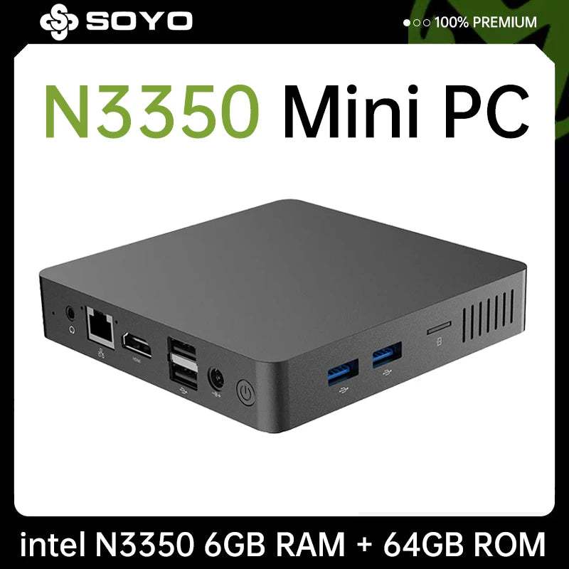 SOYO M2 Mini PC Intel Celeron N3350 CPU 6G RAM 64G M.2 SSD HDMI+VGA USB3.0 Win10Pro Desktop Portable Computer WiFi Bluetooth 4.2