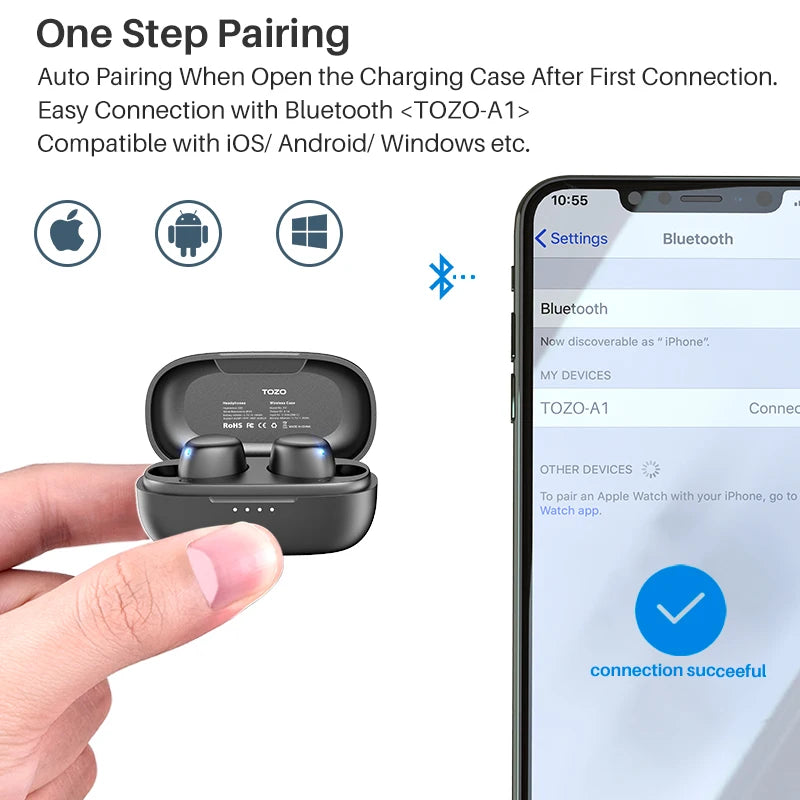 TOZO A1 Wireless Bluetooth Earbuds Small In Ear Headset Earphones Stereo Bass IPX5 Waterproof Microphone