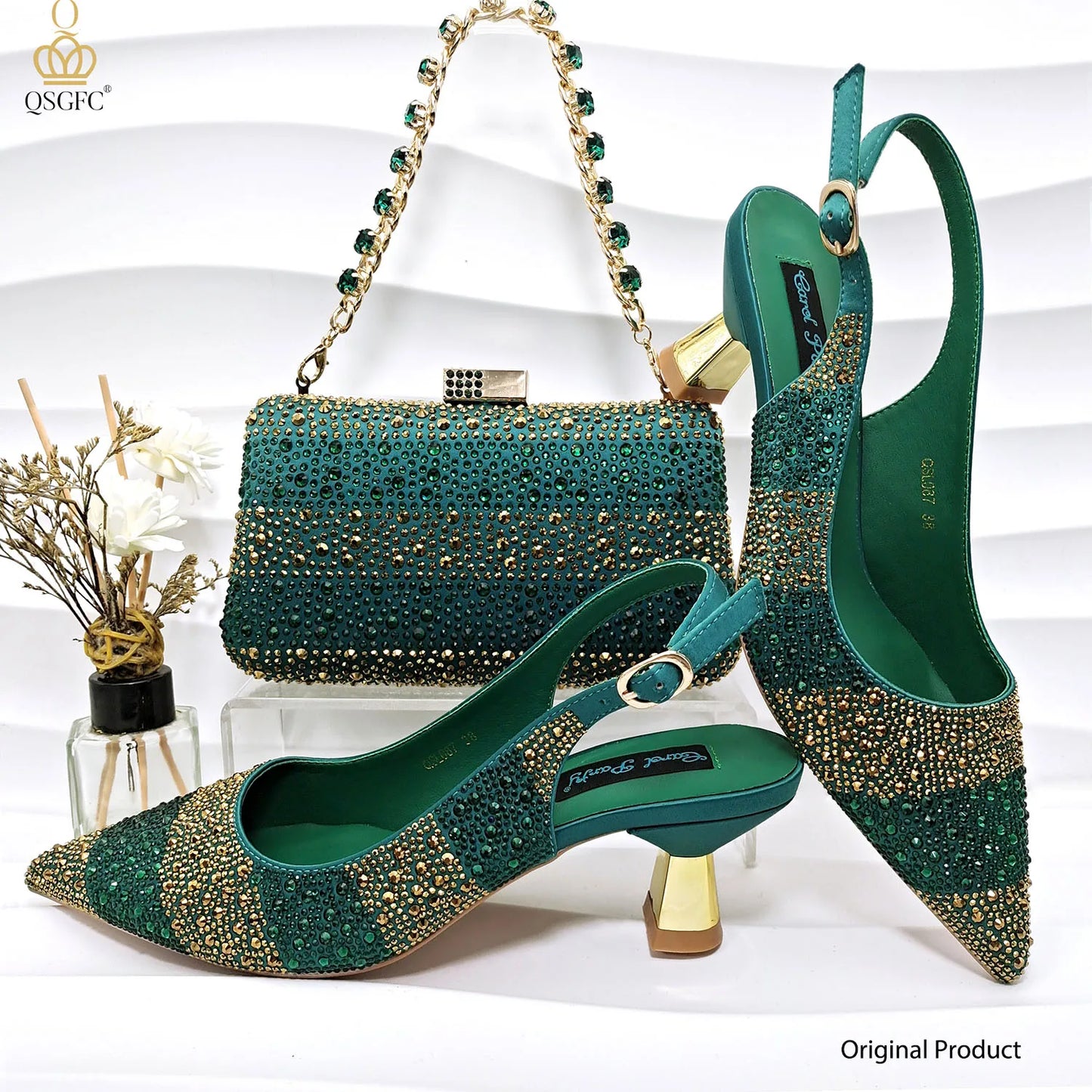 QSGFC INS 2024 Gold Color Elegant Women Heels Shoes and Bag Set Hollow Rhinestones High Heels Wedges Shoes Matching Bag