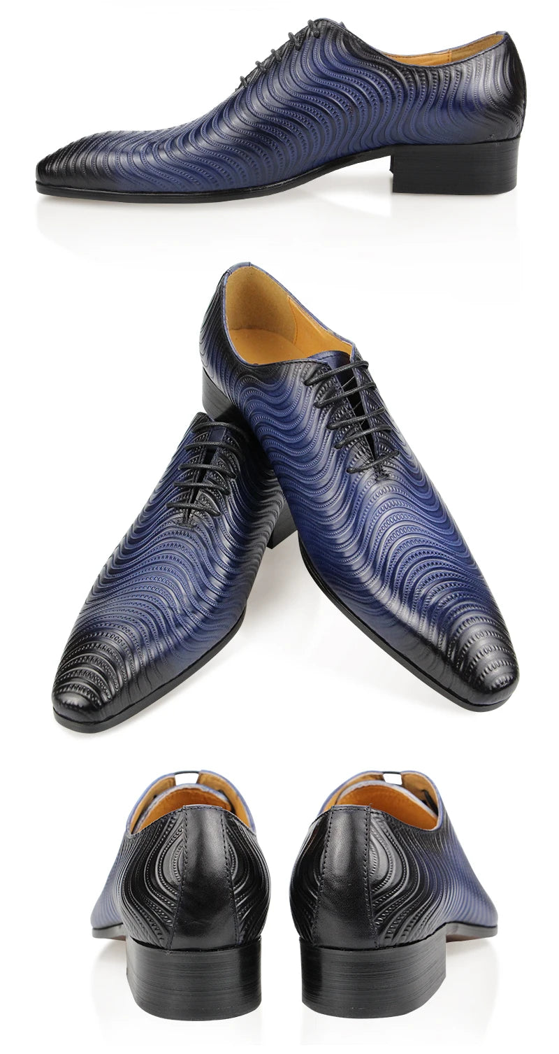 Men Shoes Luxury Oxford Shoe Genuine Leather Handmade Black Blue Prints Lace Up Pointed Toe Wedding Office Formal Dress Men Shoe