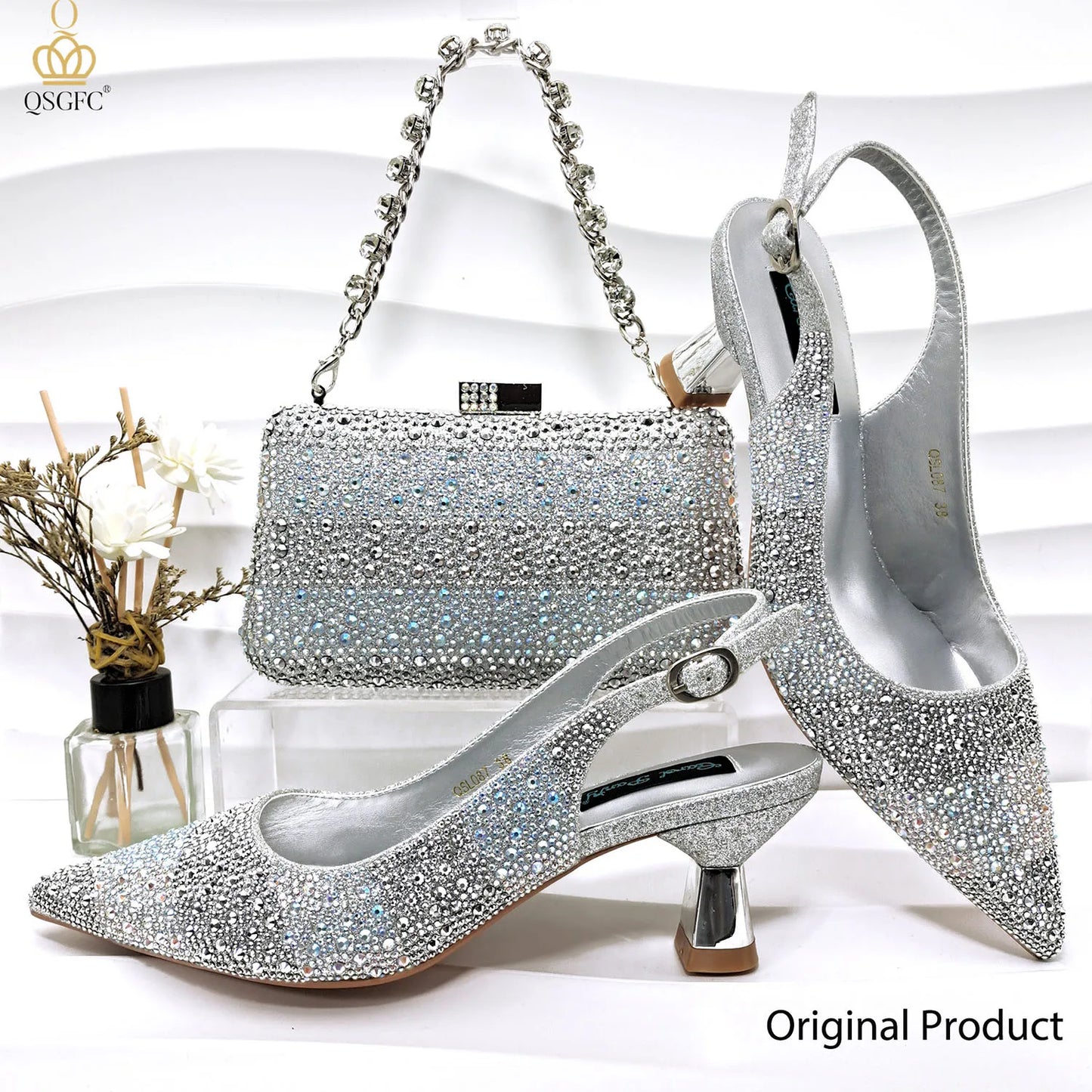 QSGFC INS 2024 Gold Color Elegant Women Heels Shoes and Bag Set Hollow Rhinestones High Heels Wedges Shoes Matching Bag