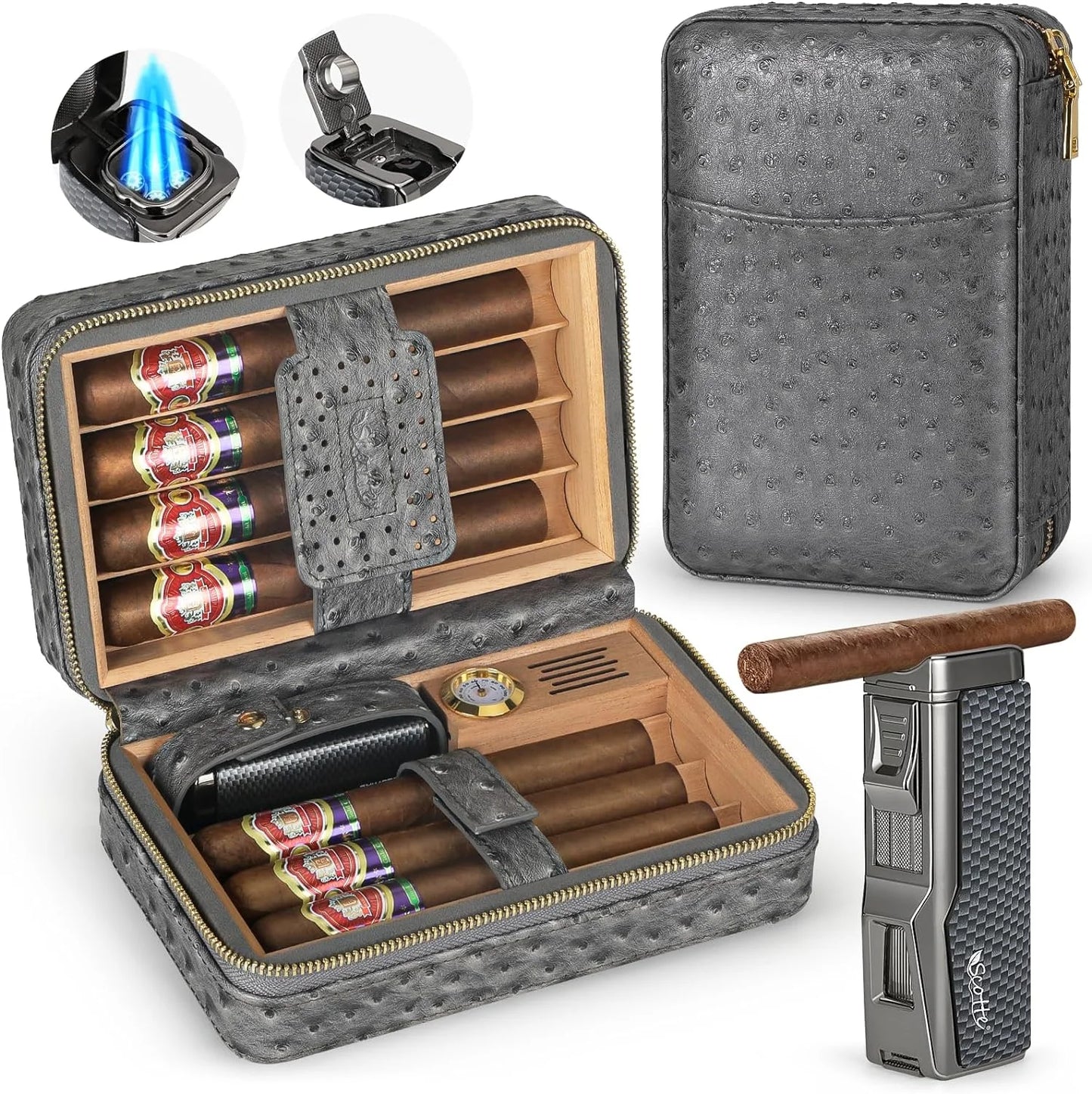 Scotte Cigar Humidor Box Cigar Lighter Cedar Wood Lined Leather Cigar Case Built in Hygrometer Humidifier with Cigar Holder Kit
