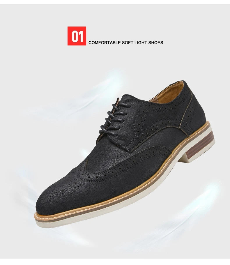 Man Derby Shoes Genuine Split Suede Leather Full Brogue Long Wing Dress Business Men Casual Comfortable Wedding Party Suits