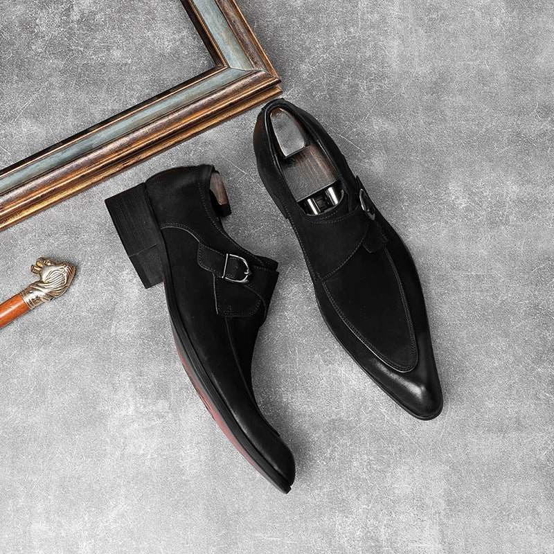 HKDQ Italian Slip On Men Dress Shoes Wedding Genuine Leather Men Oxford Shoes Monk Strap Black Grey Men Formal Loafers Men Suede