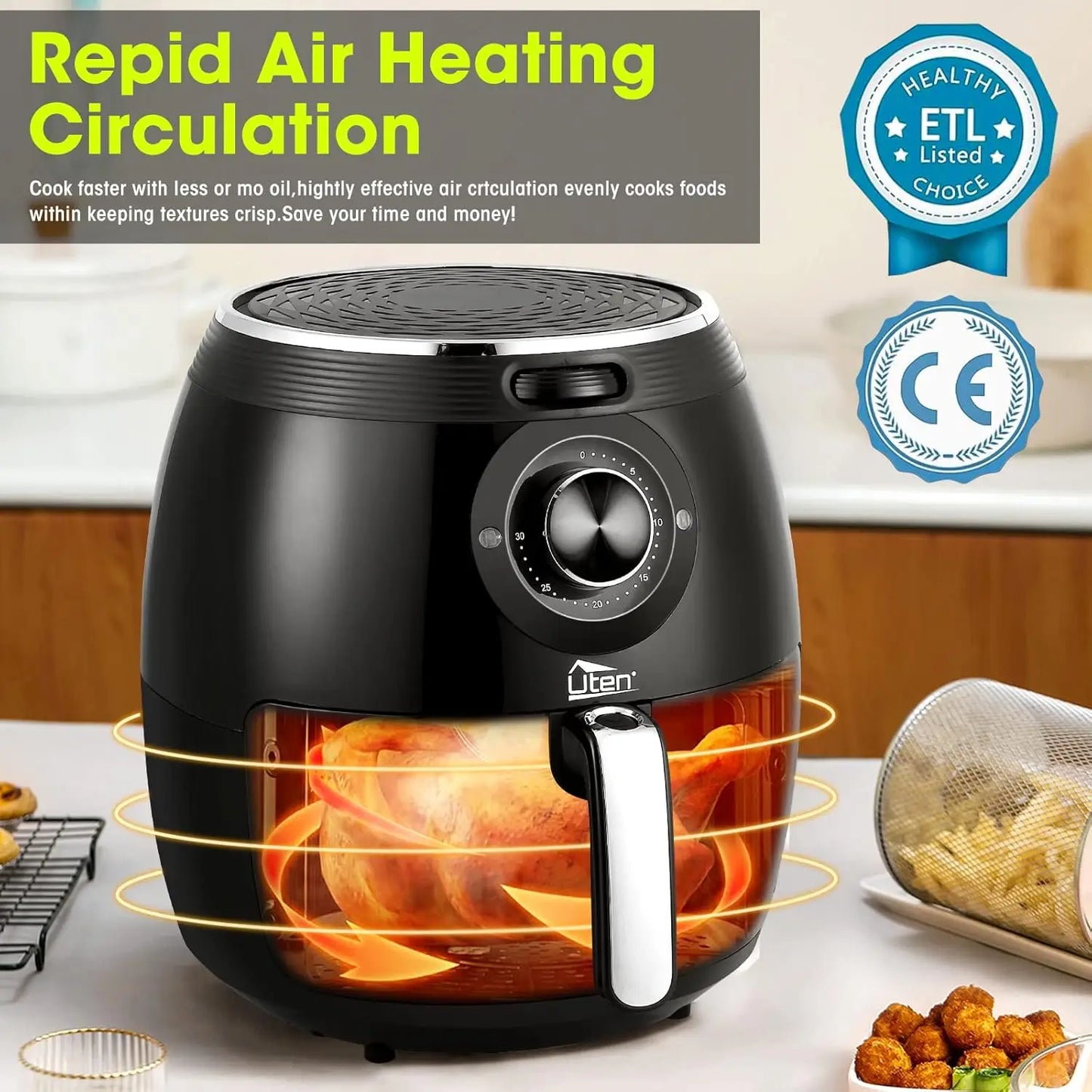 Air Fryer 5.8QT/5.5L 1700W High-Power Electric Hot Temperature Control & Timer Knob Non Stick Fry Basket Dishwasher Safe