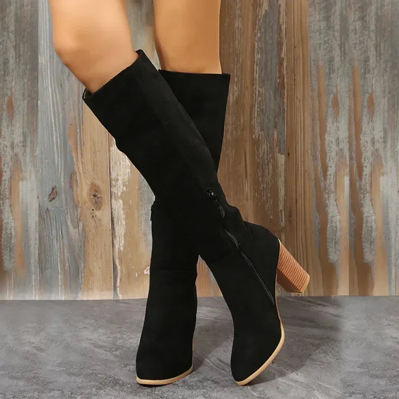Women Retro High Heels Boots Western Cowboy Chunky Shoes Winter New Warm Plush Leather Knee High Long Suede Boots 2024