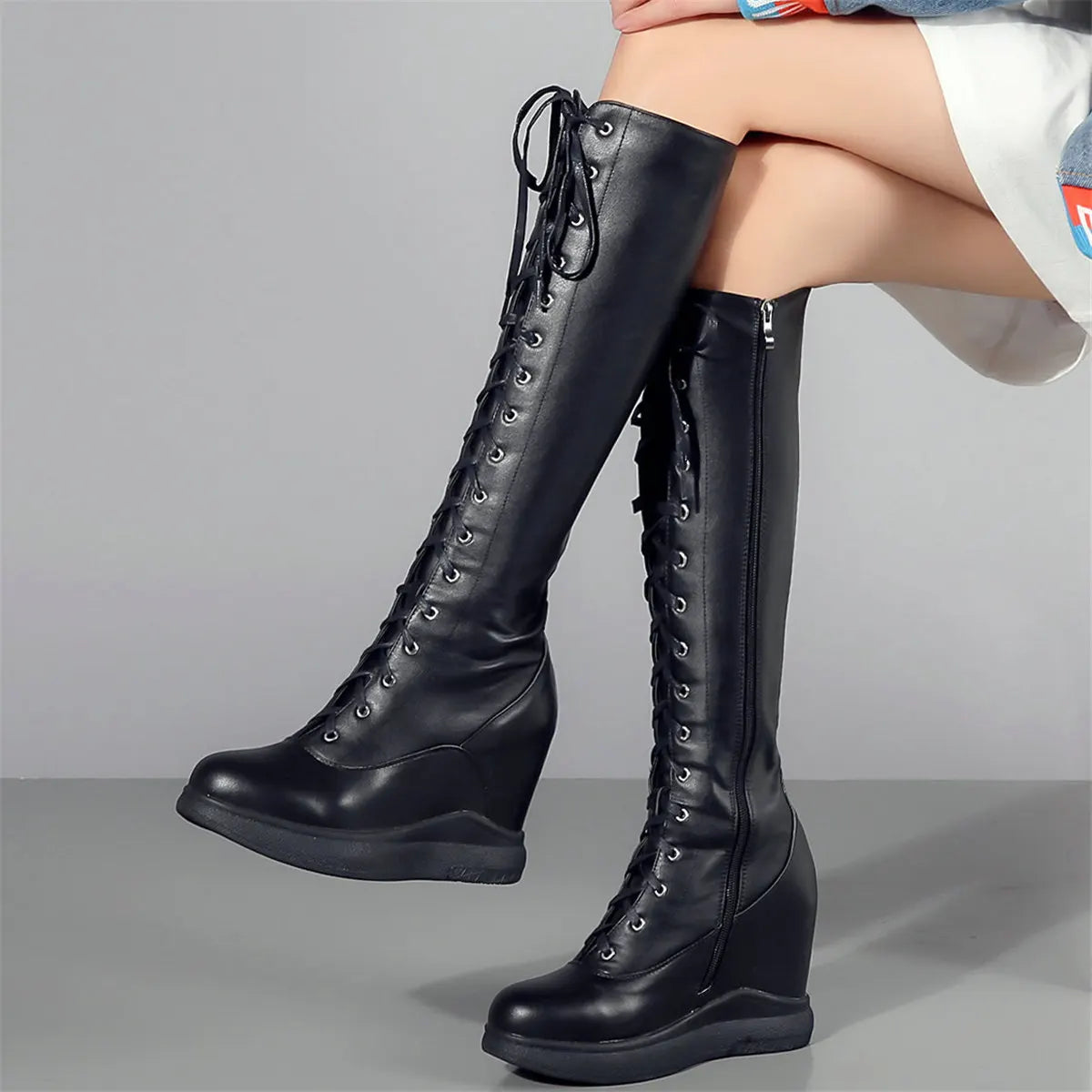 Winter Shoe Plus Size Shoes Women Genuine Leather Wedges High Heel Knee High Boots Female Round Toe Platform Pumps Big Size Shoe
