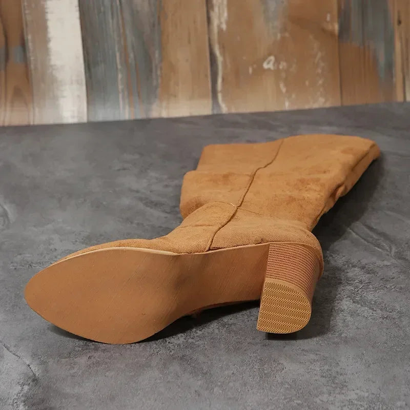 Women Retro High Heels Boots Western Cowboy Chunky Shoes Winter New Warm Plush Leather Knee High Long Suede Boots 2024