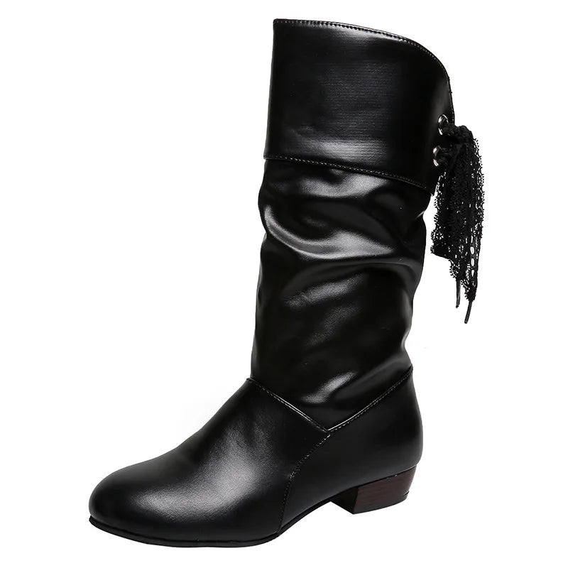 Women Versatile Boots Autumn Casual Back Lace-Up Mid-calf Boots Fashion Pleated Pu Leather Low Heel Botas Woman Large Size Shoes