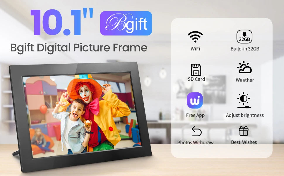 Digital Picture Frame 10.1 Inch 32GB Smart WiFi Digital Photo Frame with 1280x800 IPS HD Touch Screen Wall Mountable
