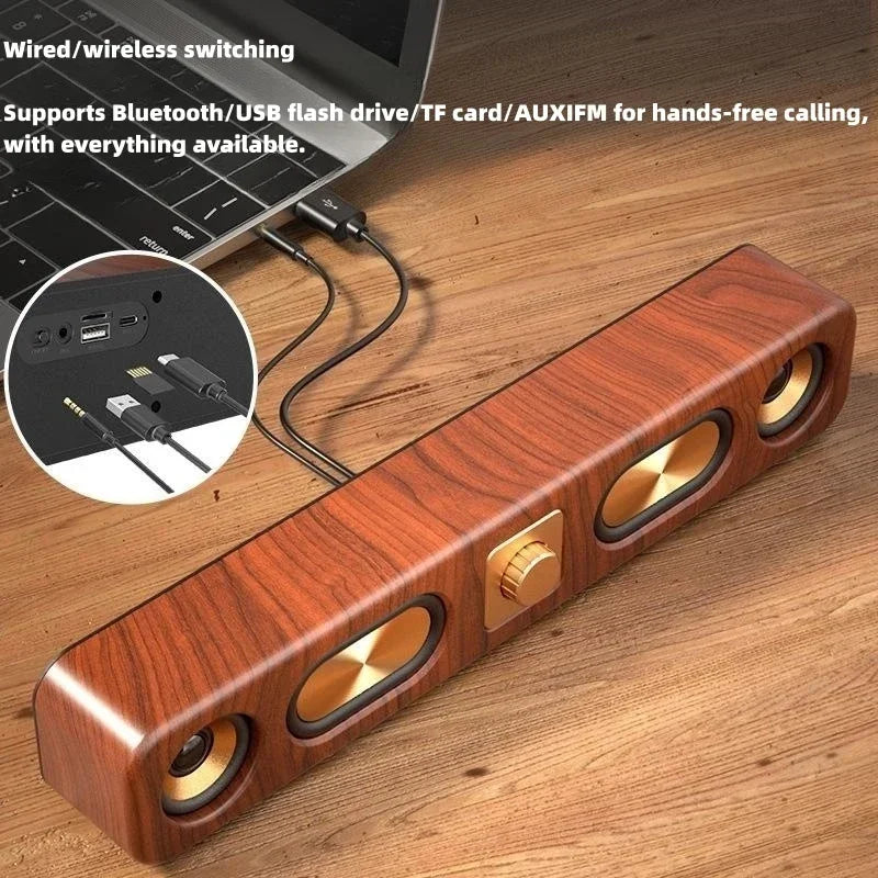 Retro Wooden Soundbar Portable Bluetooth Speaker Home Computer Desktop TV Theater Wireless HIFI Stereo Sound FM Radio Sound Bar