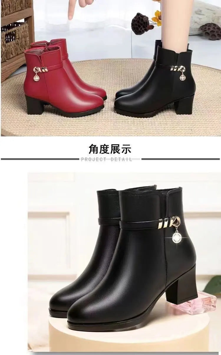 Soft Leather Ankle Boots for Women Spring Winter with Plush Warm Side Zipper Round Toe High Heel Lady Boots Casual Mom Shoes