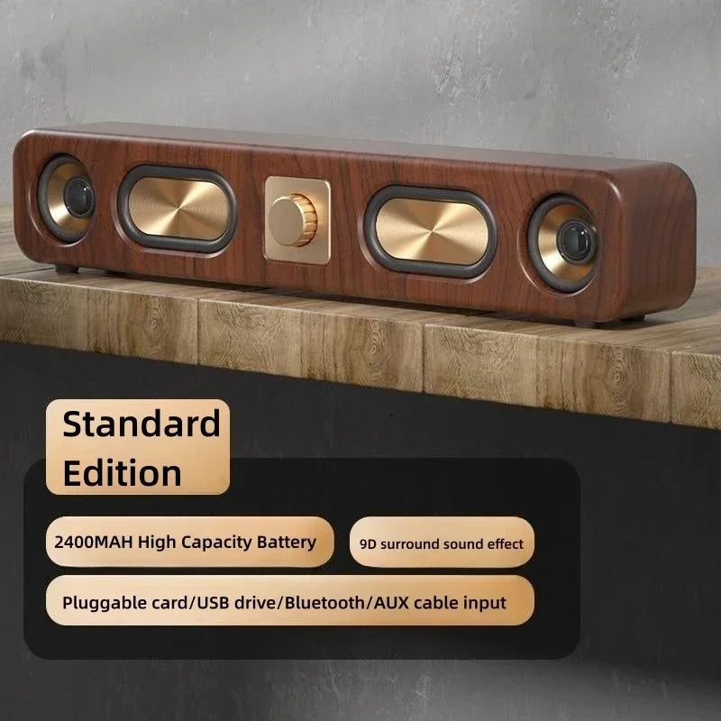 Retro Wooden Soundbar Portable Bluetooth Speaker Home Computer Desktop TV Theater Wireless HIFI Stereo Sound FM Radio Sound Bar