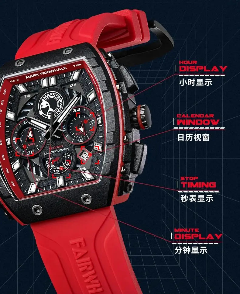 Luxury Watch Mens Fashion Brand Mark Fairwhale Sports Silicone Strap Clock Tonneau Chronograph Quartz Wristwatch Boy Dropshiping