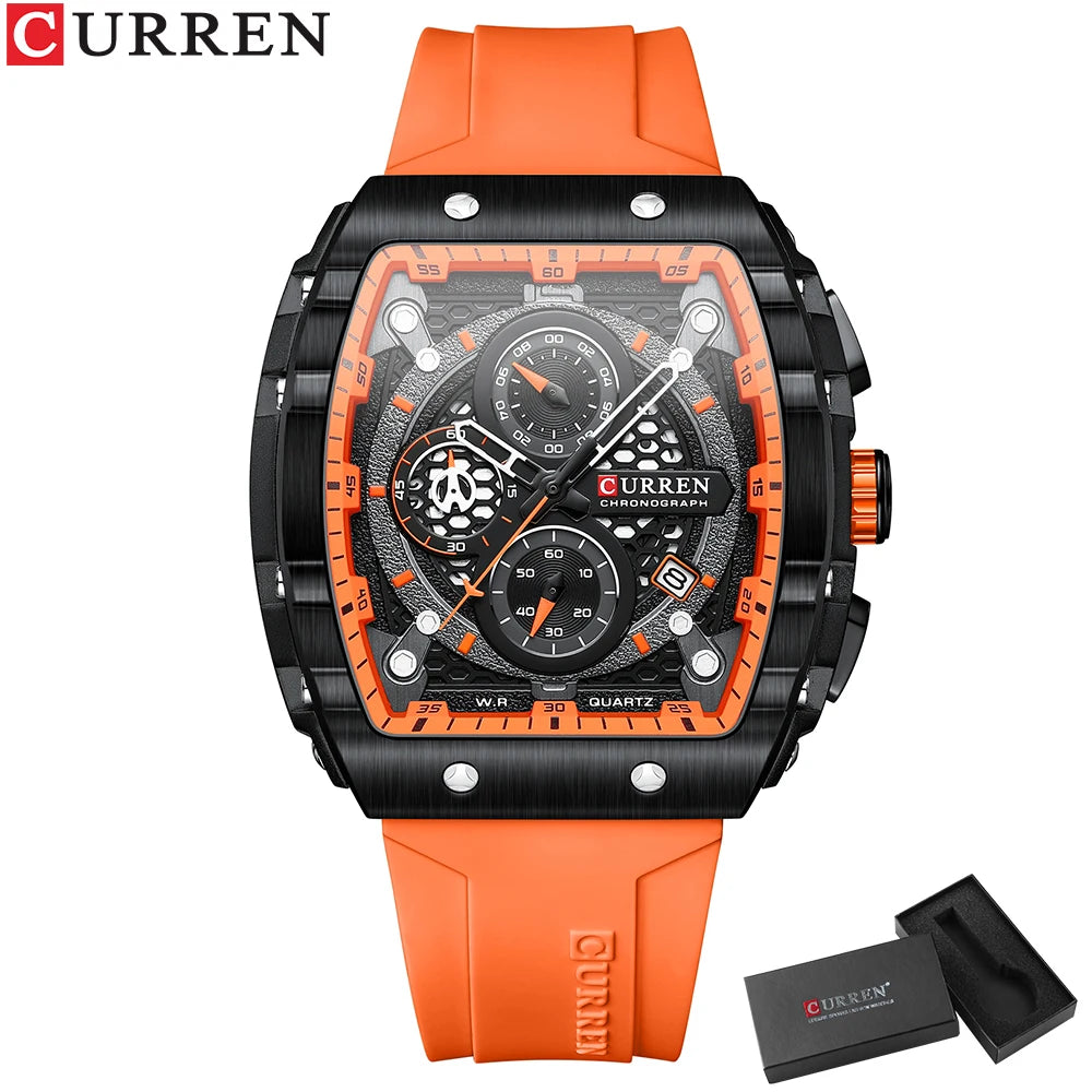 CURREN Fashion Sports Watches with Large Dial Unique RectangularHollow Design Quartz Wristwatches with Chrongraph Auto Date 8442