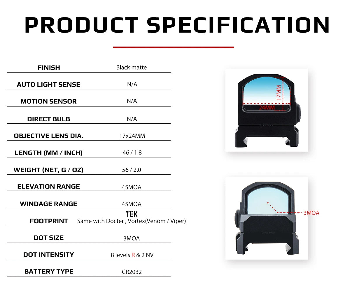 Vector Optics Frenzy 1x17x24 Red Dot Sight With Docter/RMR Footprint 3MOA Dot IPX6 Water Proof For Glock 17 19 Taurus Pistol