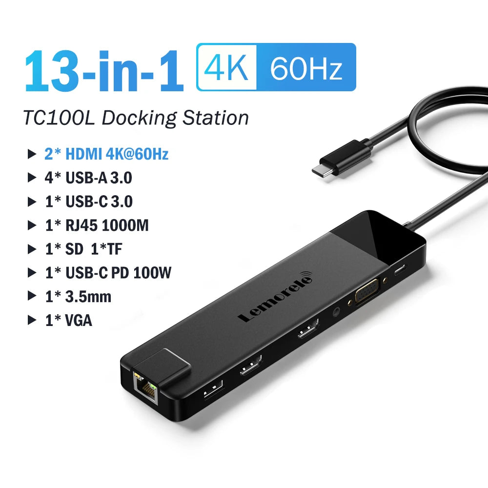 Lemorele USB-C Hub 13-in-1 Gigabit Docking Station VGA USB Type C Hub 4K30Hz HDMI-compatible USB 3.0 Adapter RJ45 PD100W