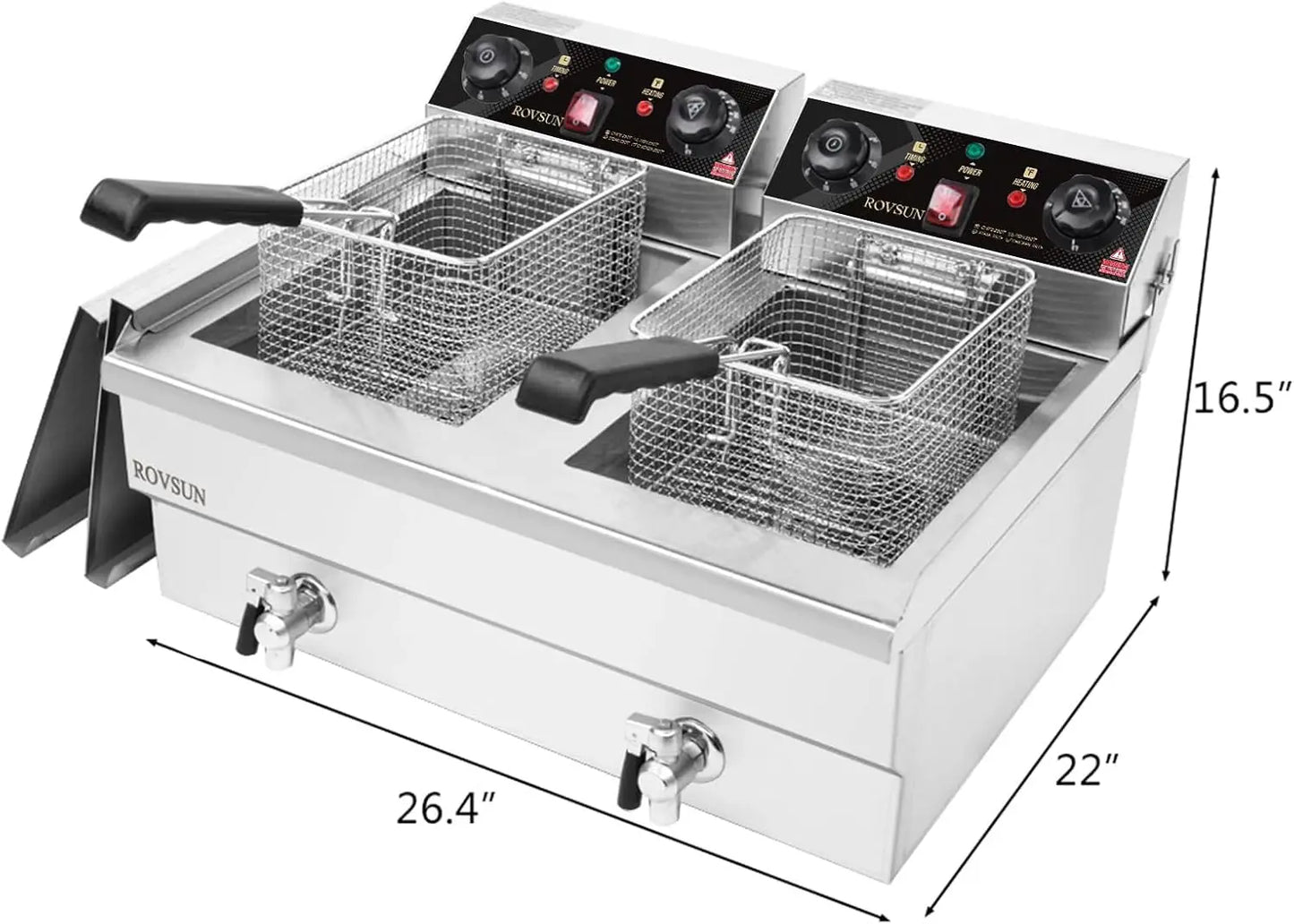 24.9QT Electric Deep Fryer w/Frying Baskets Timer Drains & Lids, 3400W Dual Tank Kitchen Countertop Commercial Deep Fryer