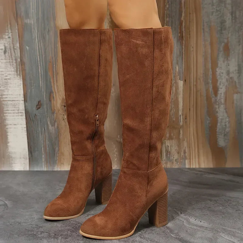 Women Retro High Heels Boots Western Cowboy Chunky Shoes Winter New Warm Plush Leather Knee High Long Suede Boots 2024